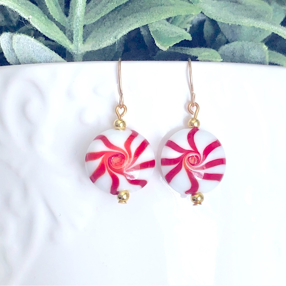 New Glass Peppermint Swirl Striped Candy Handmade Dangle Drop Earrings Handmade